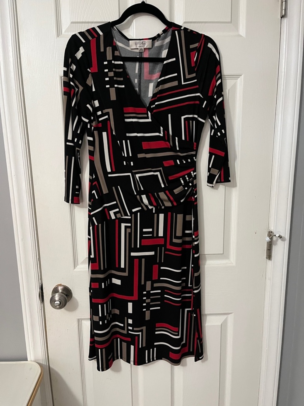 Kasper Black Geometric Faux-Wrap Dress with Red & Cream Accents